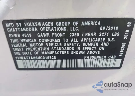 2017 Volkswagen Passat 1.8T S из США, поврежденный, VIN 1VWAT7A38HC019528